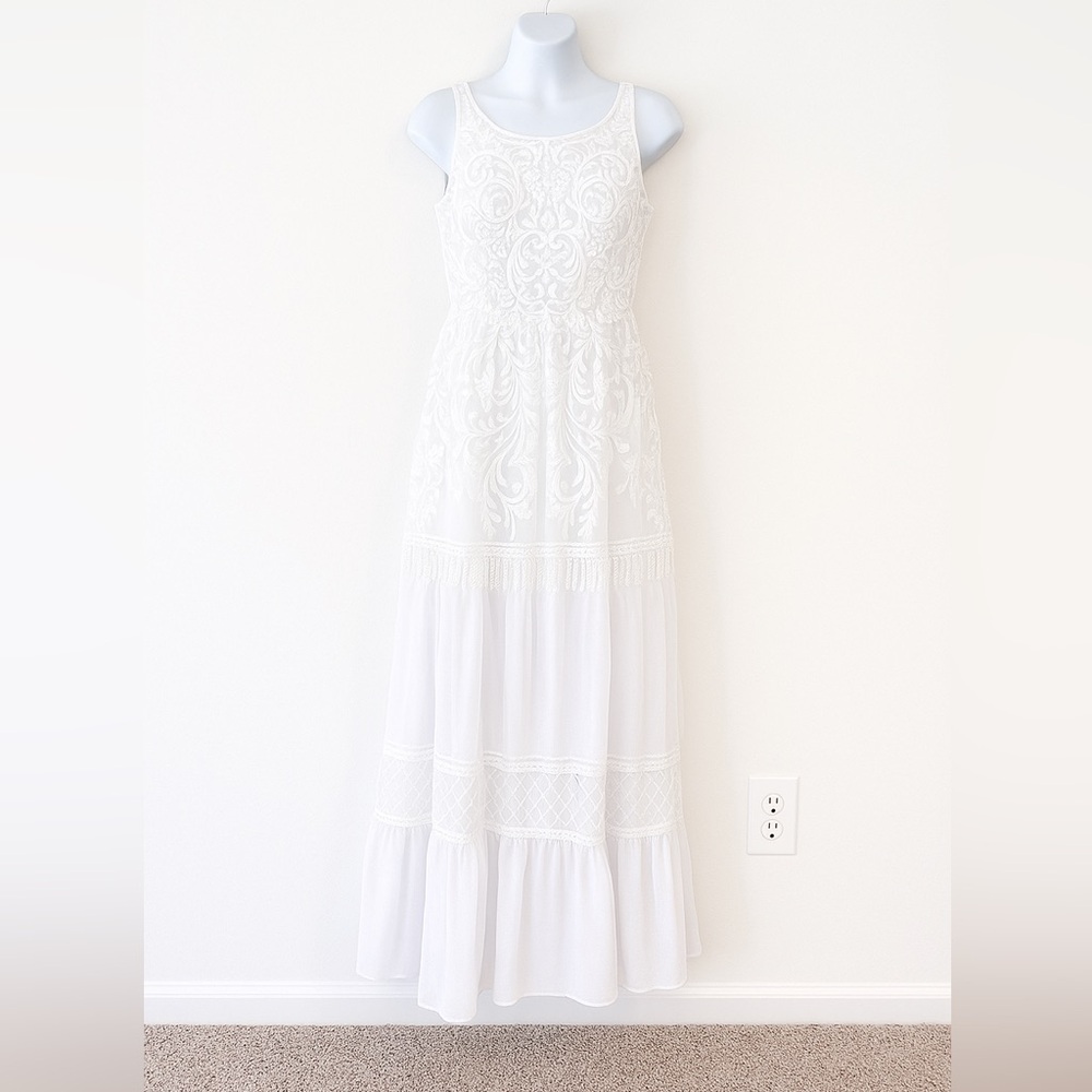 Ethereal Bohemian Vintage White Embellished & Fringed Strappy Gown M